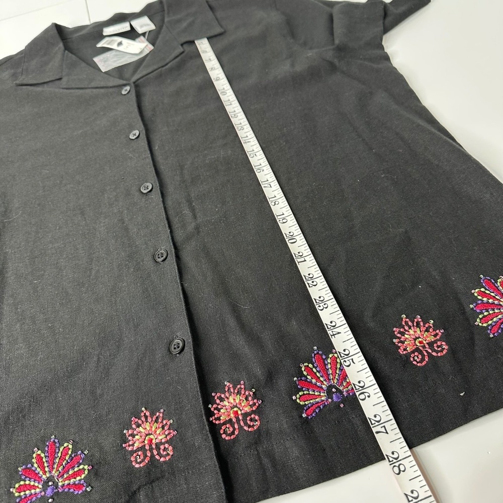 Kim Rogers Linen Blend Shirt Black Beaded Floral Embroidered Button Up Sz 1X - Picture 15 of 16
